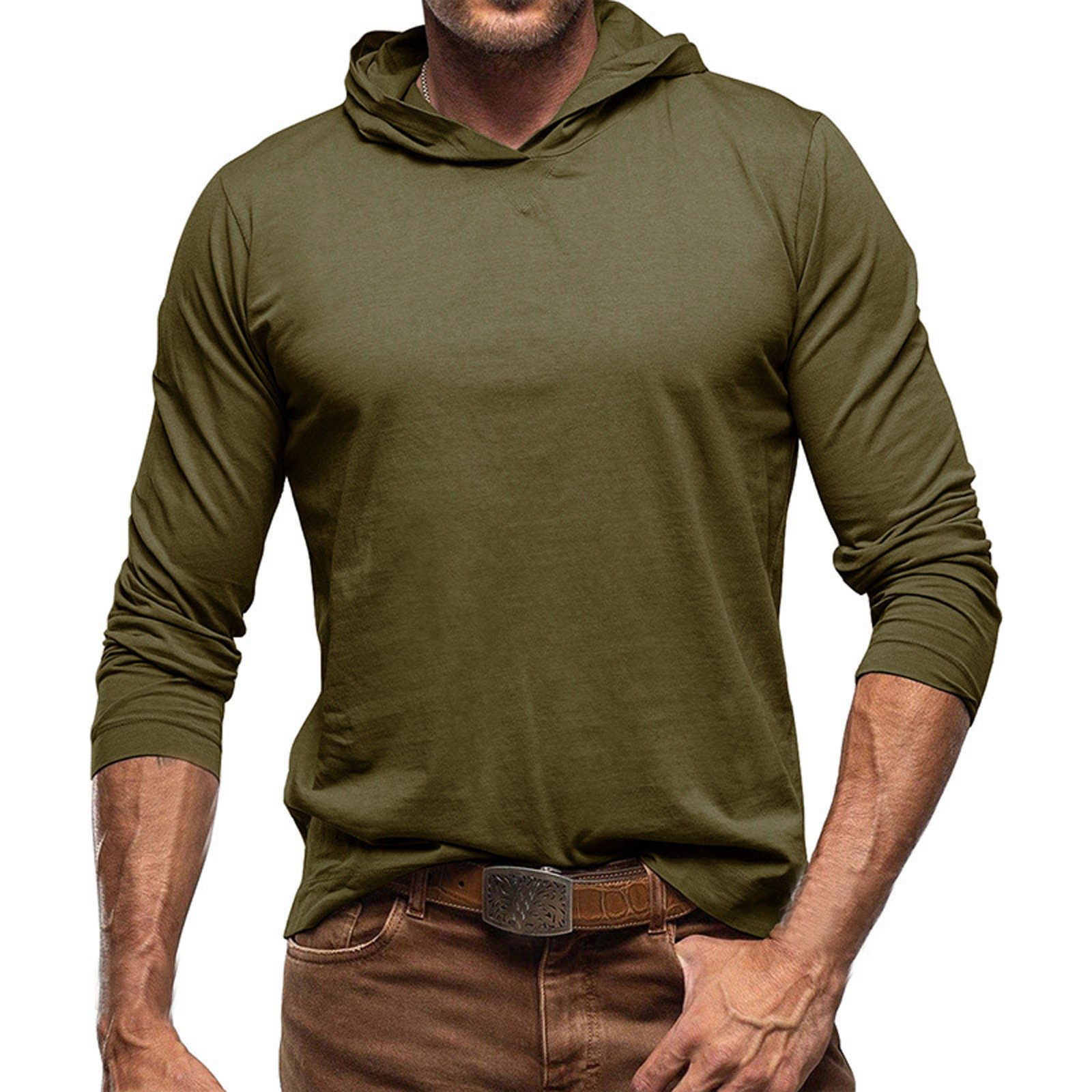 Aofany Men's Solid Color Hooded Pullover Tops Pure Cotton Long Sleeve T-shirt